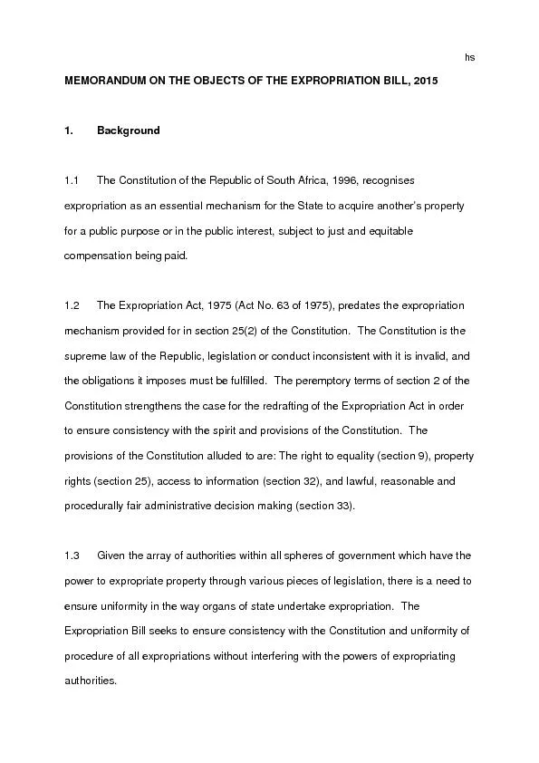 MEMORANDUM ON THE OBJECTS OF THE EXPROPRIATION BILL, 201