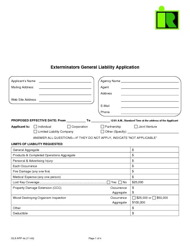 GLX-APP-4s (11-06) Page 1 of 4 Exterminators General Liability Applica