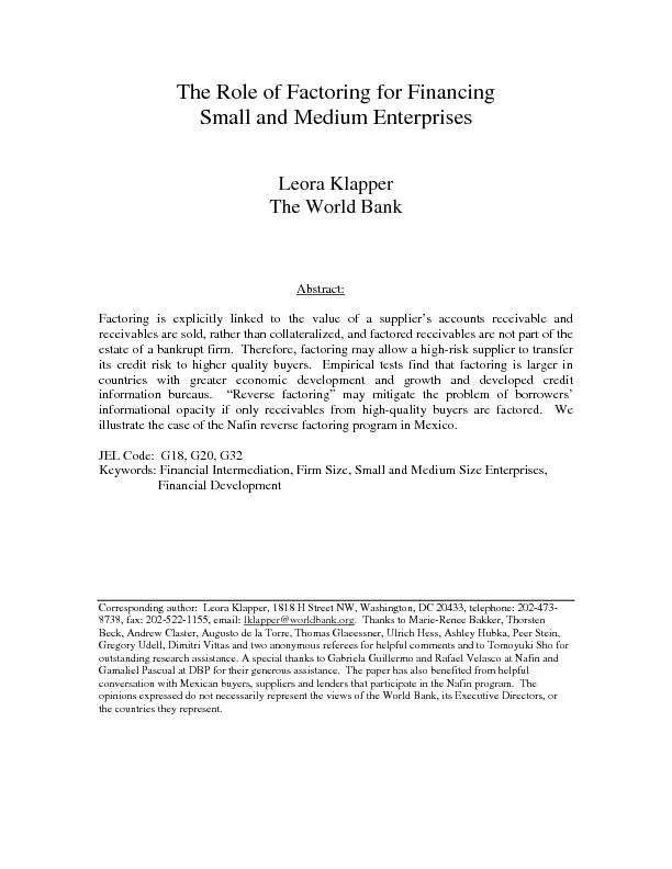 The Role of Factoring for Financing  Small and Medium Enterprises  Leo