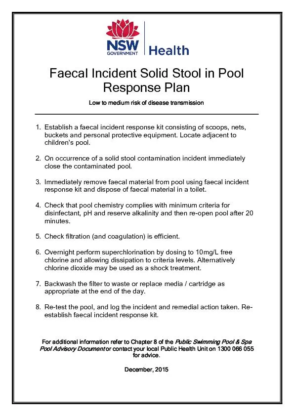 Faecal Incident SolidStoolin PoolResponse Plan