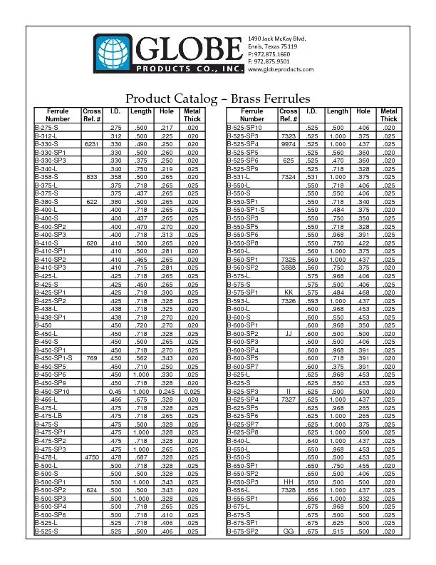 FerruleCrossI.D.LengthHoleMetalFerruleCrossI.D.LengthHoleMetalNumberRe