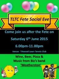 Come join us after the Fete on Saturday 6