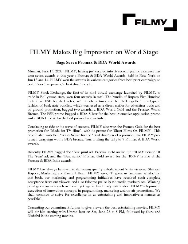 omax & BDA World Awards Mumbai, June 15, 2007: FILMY, having just ente
