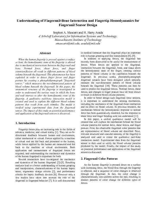 Fingertip Hemodynamics for Stephen A. Mascaro and H. Harry Asada Abstr