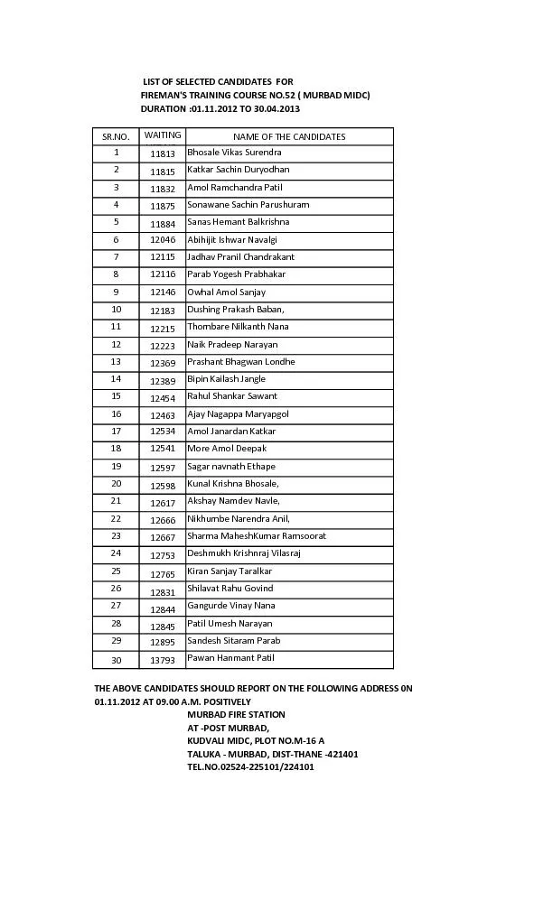 LIST OF SELECTED CANDIDATES  FOR