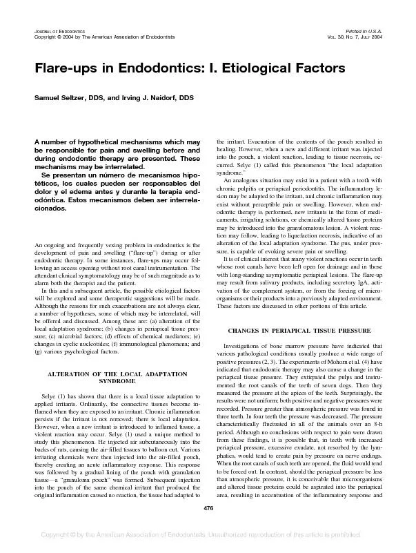 Flare-upsinEndodontics:I.EtiologicalFactorsSamuelSeltzer,DDS,andIrving