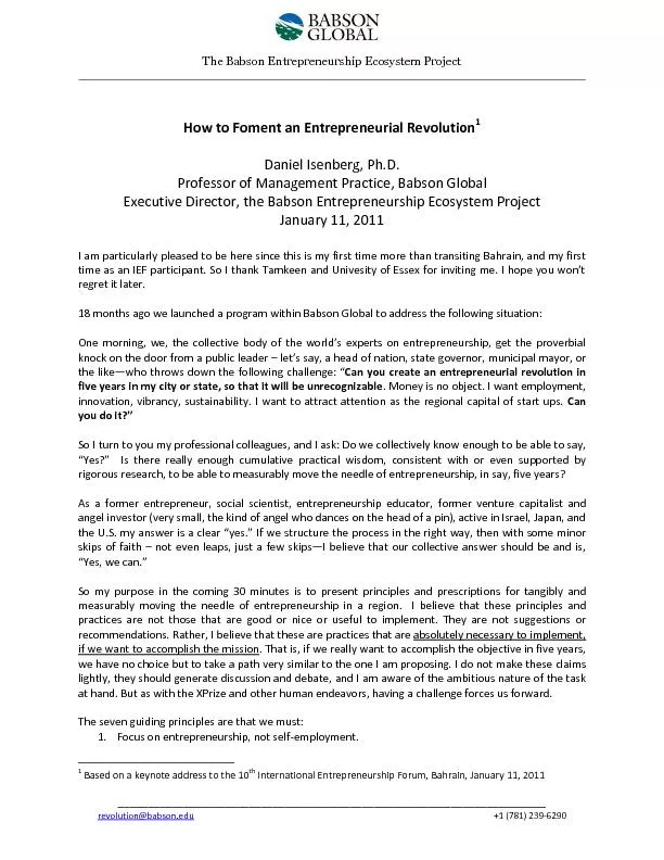 The Babson Entrepreneurship Ecosystem Project