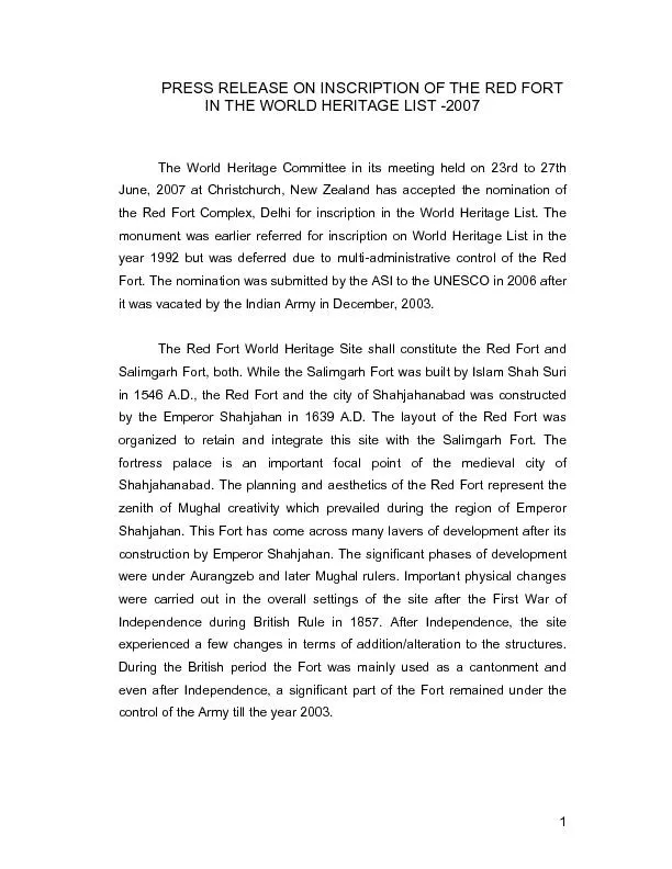 PRESS RELEASE ON INSCRIPTION OF THE RED FORT The World Heritage Commit