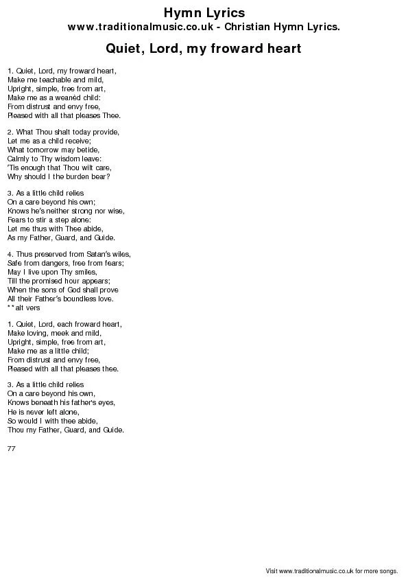 Hymn Lyricswww.traditionalmusic.co.uk - Christian Hymn Lyrics.Quiet, L