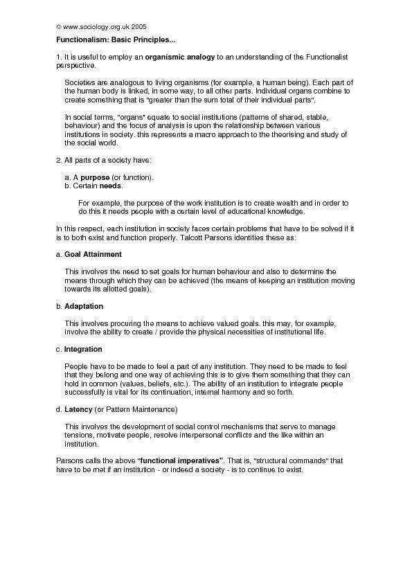 www sociology org uk 2005 functionalism basic principles