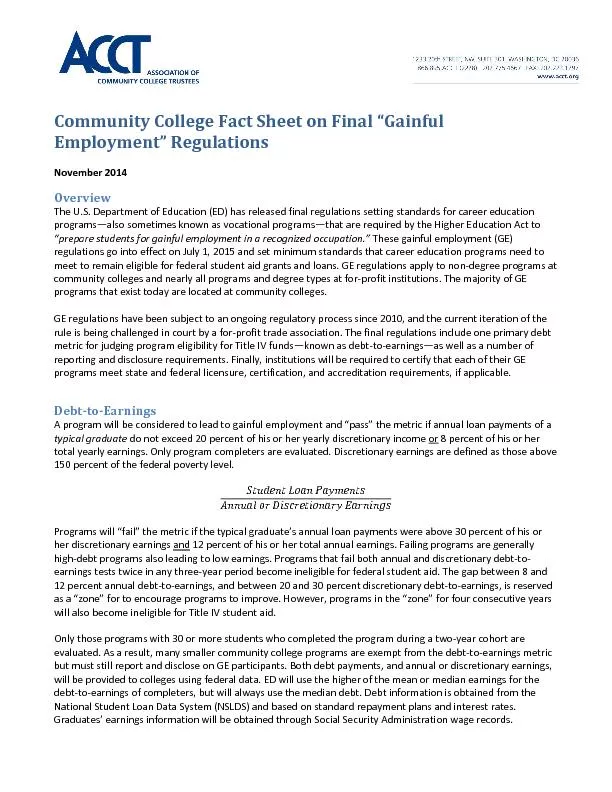 Community College Fact Sheet on Final “Gainful Employment” R
