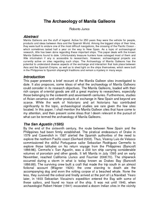 The Archaeology of Manila Galleons Roberto Junco Abstract  Manila Gall