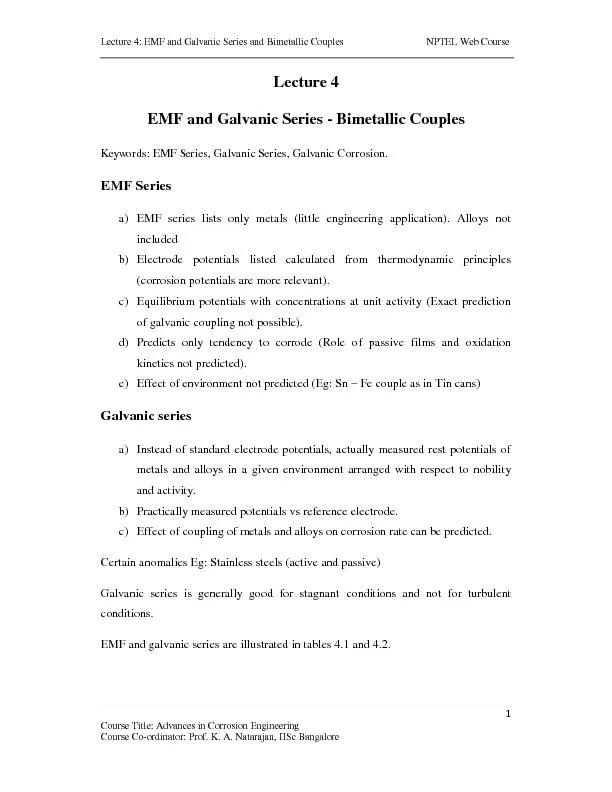 Lecture 4: EMF and Galvanic Series and Bimetallic Co