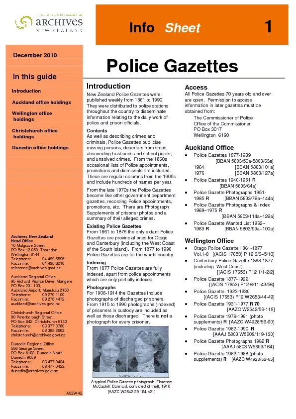 Police Gazettes Introduction New Zealand Police Gazettes were publishe