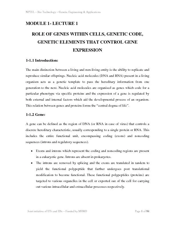 NPTEL Bio Technology Genetic Engineering & Applications��Joint initiat
