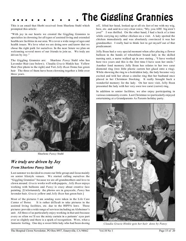 he Hospital Clown Newsletter, PO Box 8957, Emeryville, CA 94662
