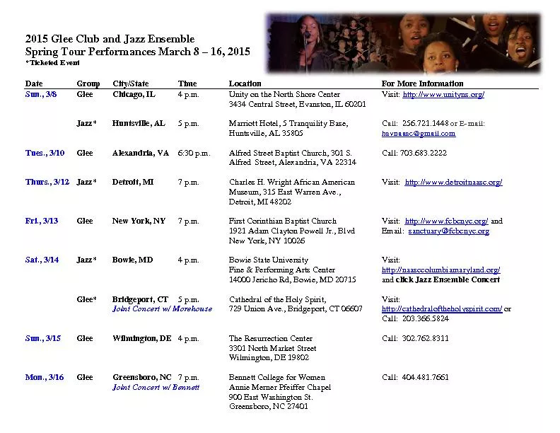 2015 Glee Club and Jazz Ensemble Spring Tour Performances March 8 16,