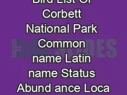 Bird List Of Corbett National Park Common name Latin name Status Abund ance Loca
