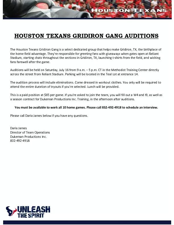 HOUSTON TEXANS GRIDIRON GANG AUDITIONS