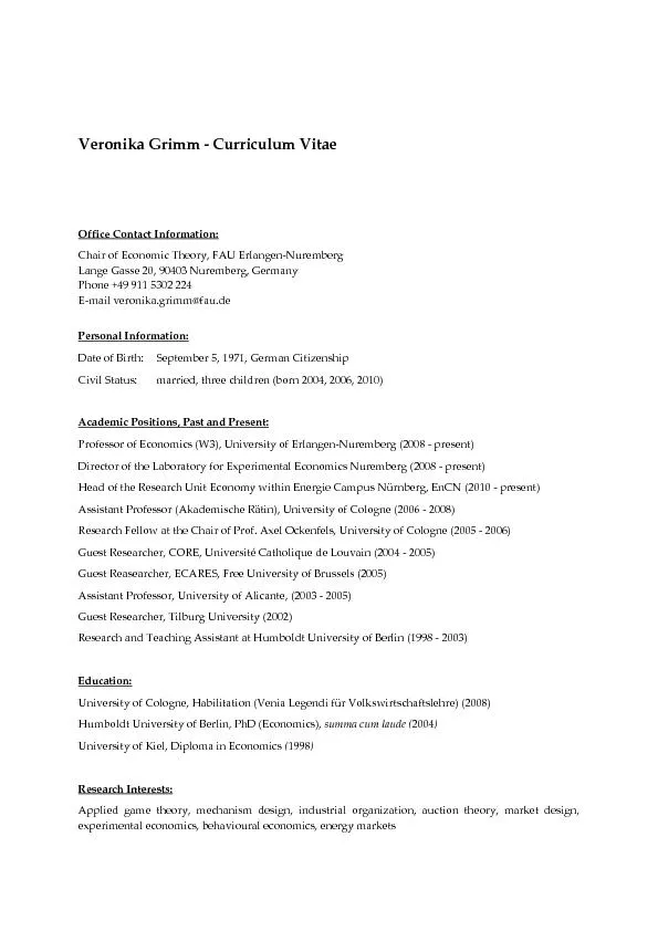 Veronika Grimm Curriculum Vitae