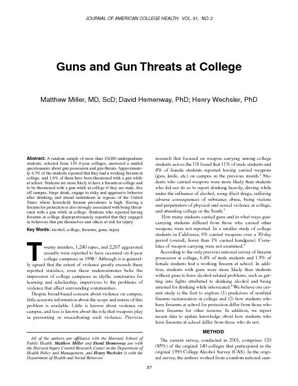Guns and Gun Threats at CollegeMatthew Miller, MD, ScD;David Hemenway,