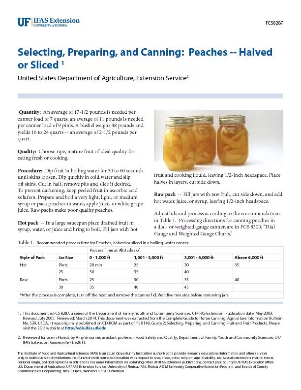 Selecting, Preparing, and Canning:  Peaches -- Halved or Sliced United