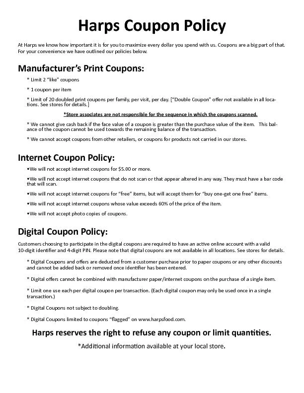 Harps Coupon PolicyAt Harps we know how important it is for you to max