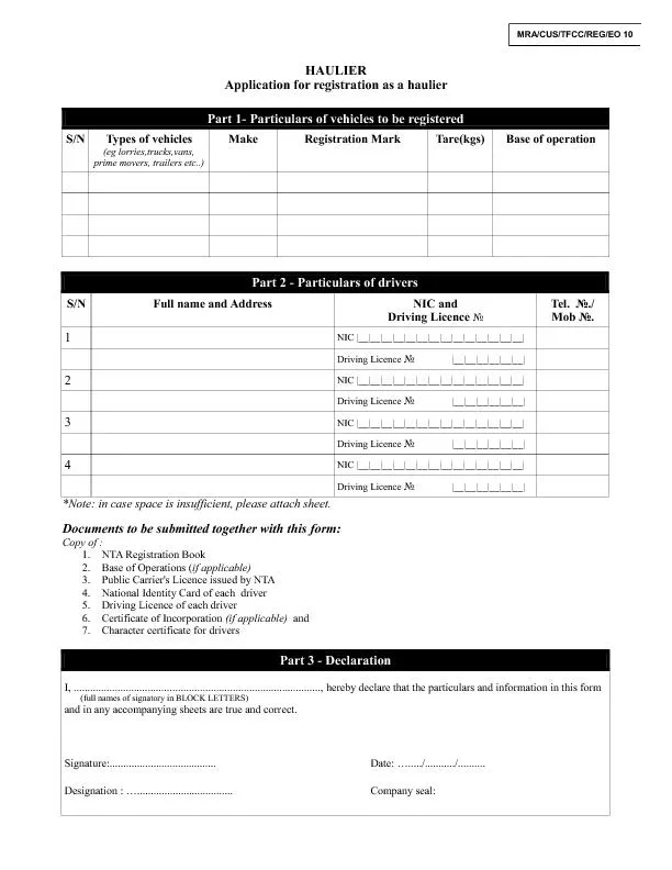 Application for registration as a haulier