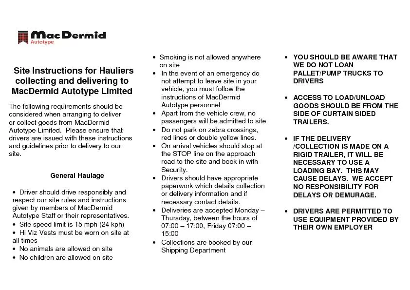 Site Instructions for Hauliers collecting and delivering to MacDermid