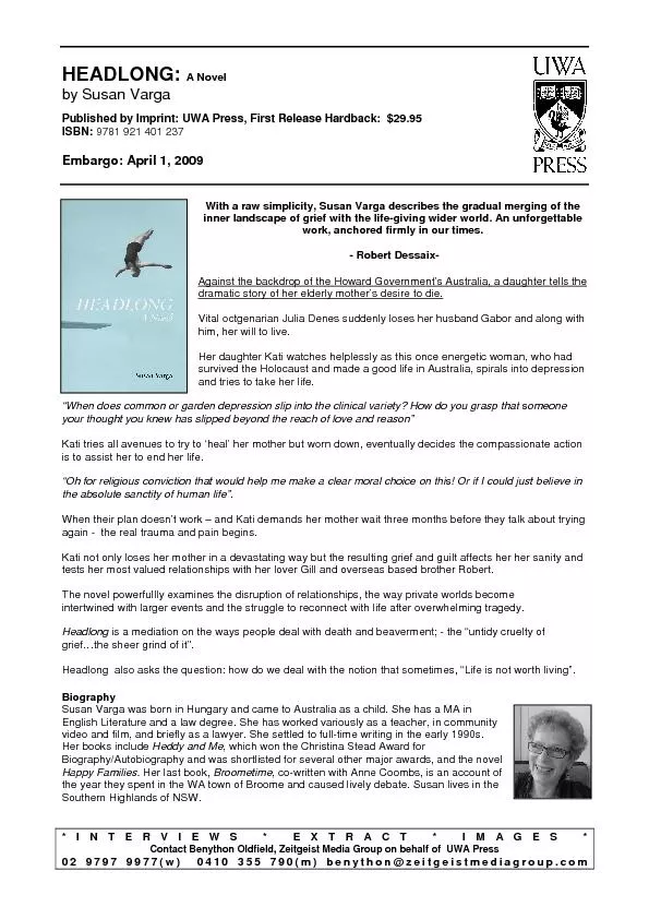 HEADLONG: A Novel  by Susan Varga Published by Imprint: UWA Press, Fir