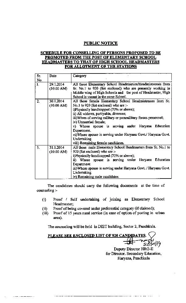 PUBLIC NOTICESCHEDULE FOR CONSELLING OF PERSONS PROPOSED TO BEPROMOTED
