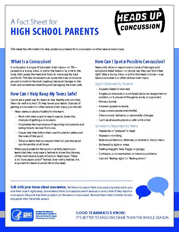 A Fact Sheet for HIGH SCHOOL PARENTSThis sheet has information to help