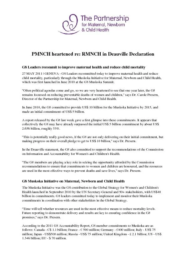 PMNCH heartened re: RMNCH in Deauville DeclarationG8 Leaders recommit