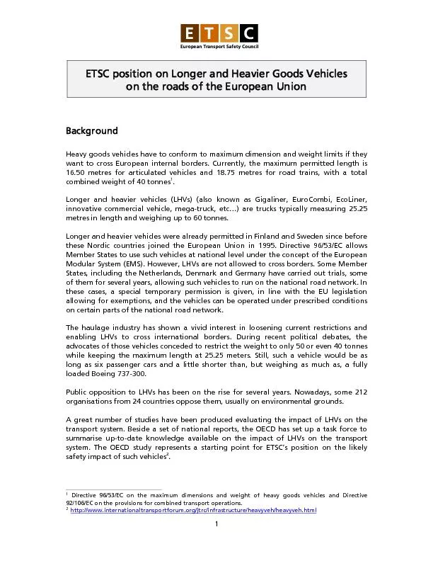ETSC position on Longer and Heavier Goods Vehicles