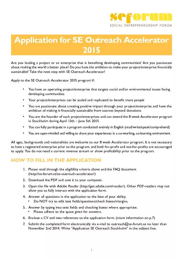 Application for SE Outreach Accelerator 2015Are you leading a project