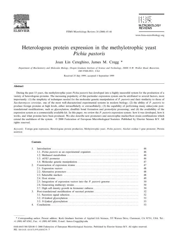 HeterologousproteinexpressioninthemethylotrophicyeastPichiapastorisJoa