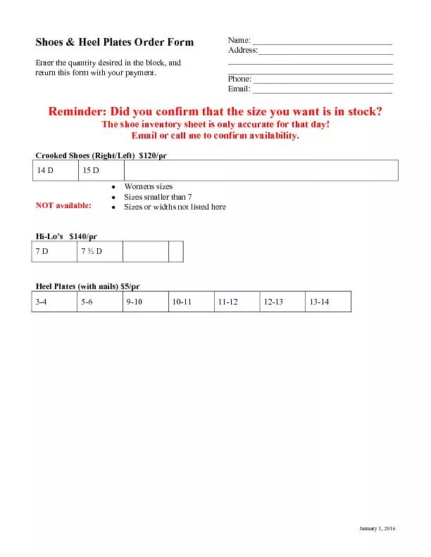 January 1, 2016ShoesHeel Plates Order FormEnter the quantity desired i