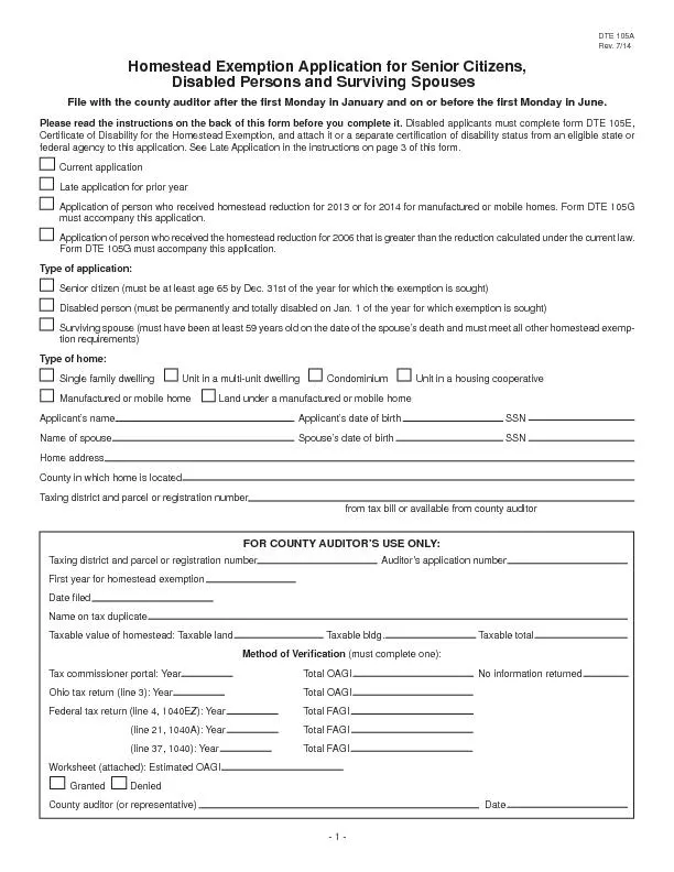 Rev. 7/14 Homestead Exemption Application for Senior Citizens,