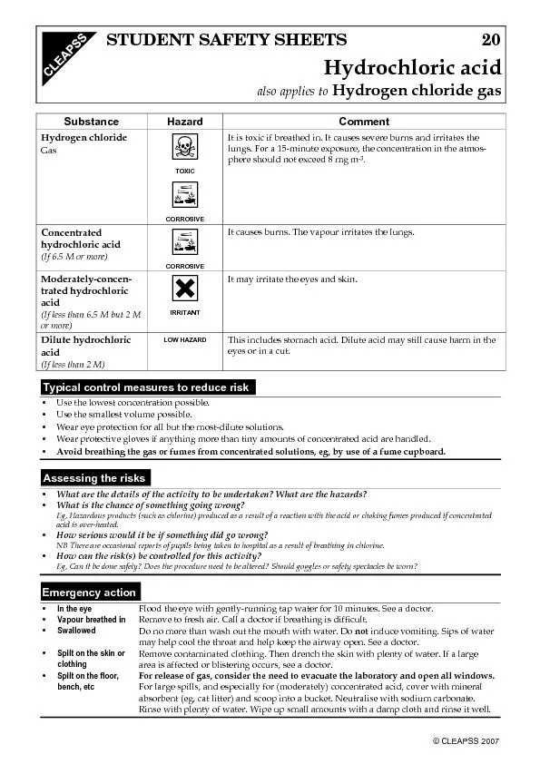 STUDENT SAFETY SHEETS20Hydrochloric acidalso applies to Hydrogen chlor