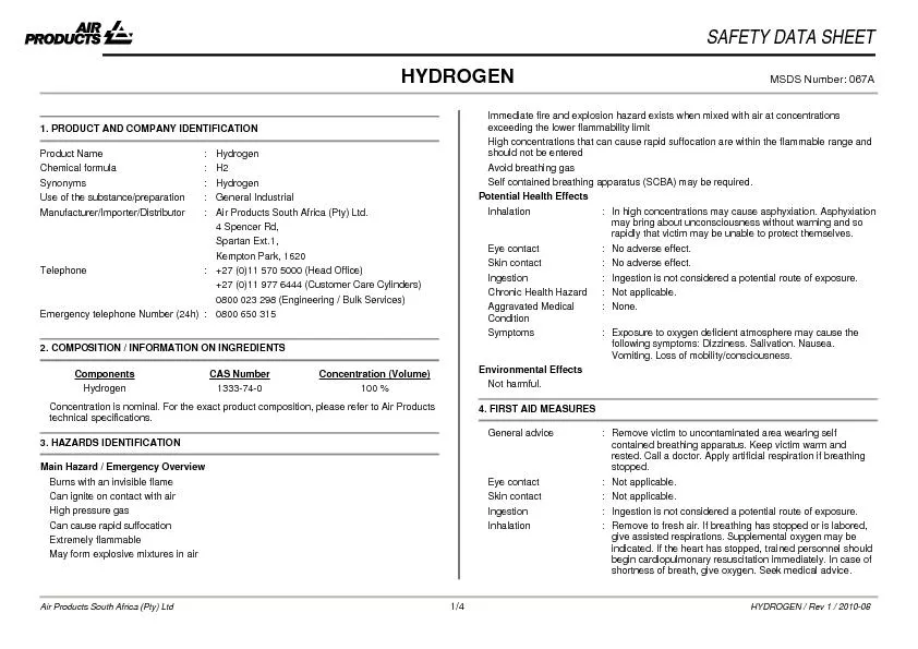 SAFETY DATA SHEETHYDROGENMSDS Number: 067A