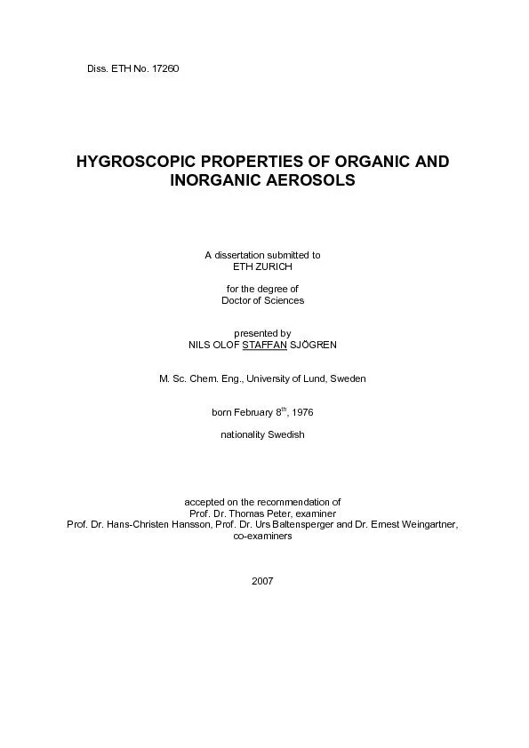 Diss. ETH No. 17260 HYGROSCOPIC PROPERTIES OF ORGANIC AND INORGANIC AE