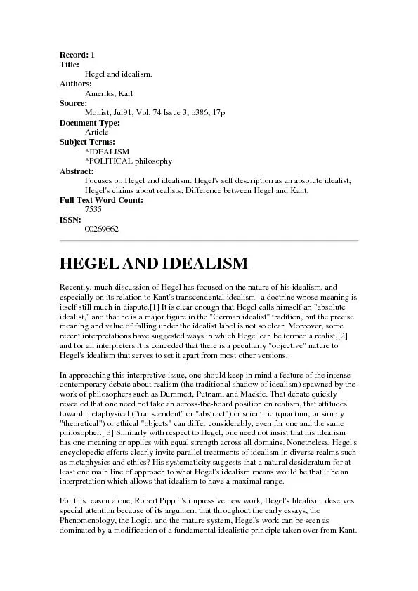 Record: 1Title:Hegel and idealism.Authors:Ameriks, KarlSource:Monist;