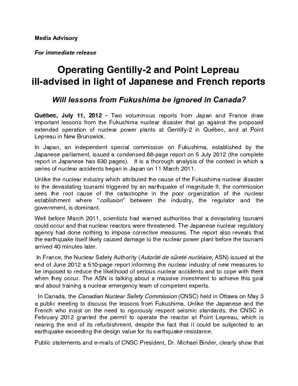For immediate release Operating Gentilly-2 and Point Lepreau ill-advis