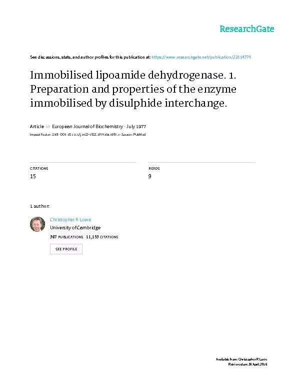 Immobilised Lipoamide Dehydrogenase Enzyme Immobilised Disulphide Inte