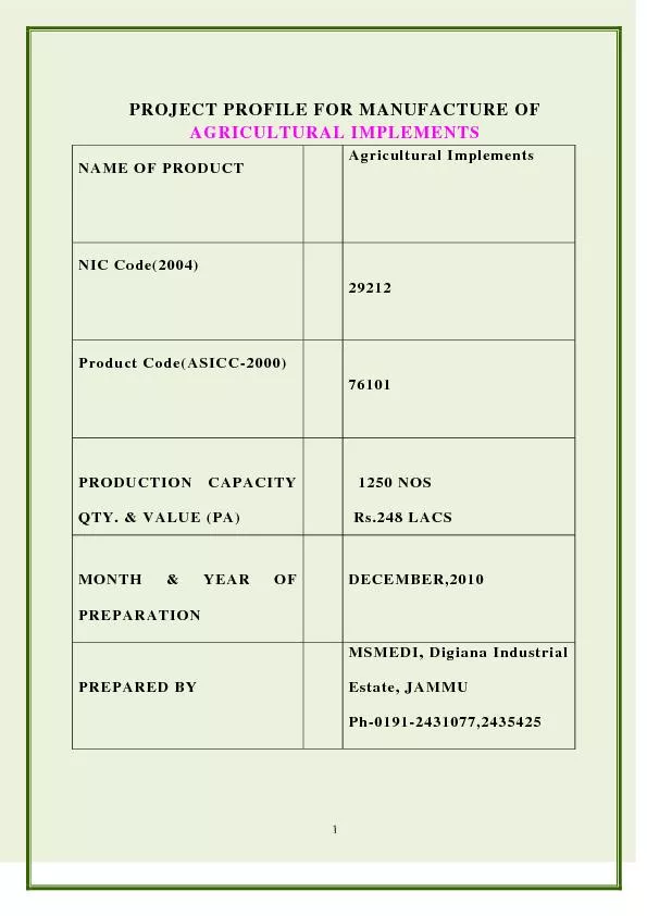 PROJECT PROFILE FOR MANUFACTURE OF