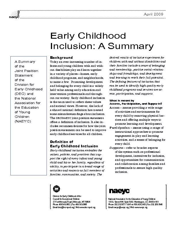 Early Childhood  Inclusion: A Summary