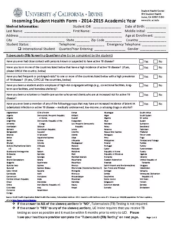 Incoming Student Health Form