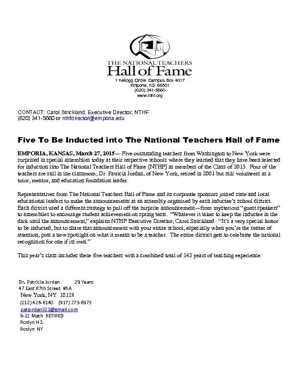 for induction into The National Teachers Hall of Fame [NTHF] as member