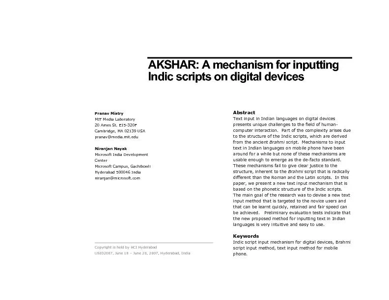 AKSHAR: A mechanism for inputting