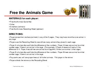 Free the Animals Game MATERIALS for each player Free the Animals Game Mat  dice 